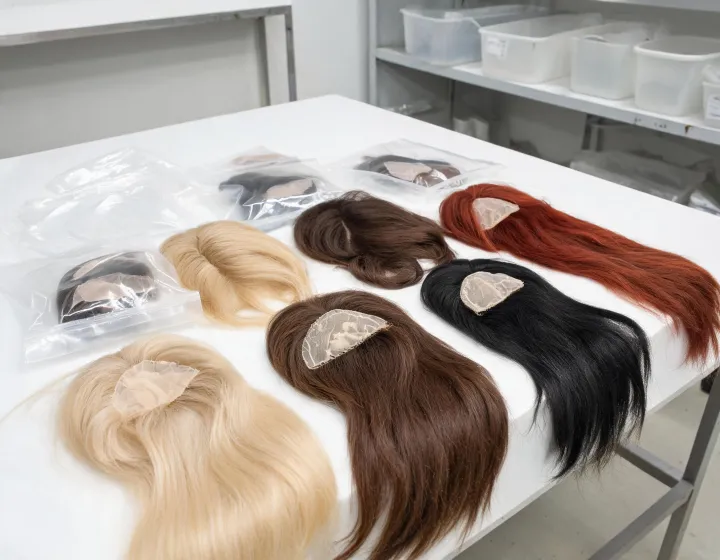 hair topper wholesale on a cosmetics bench, illustration only