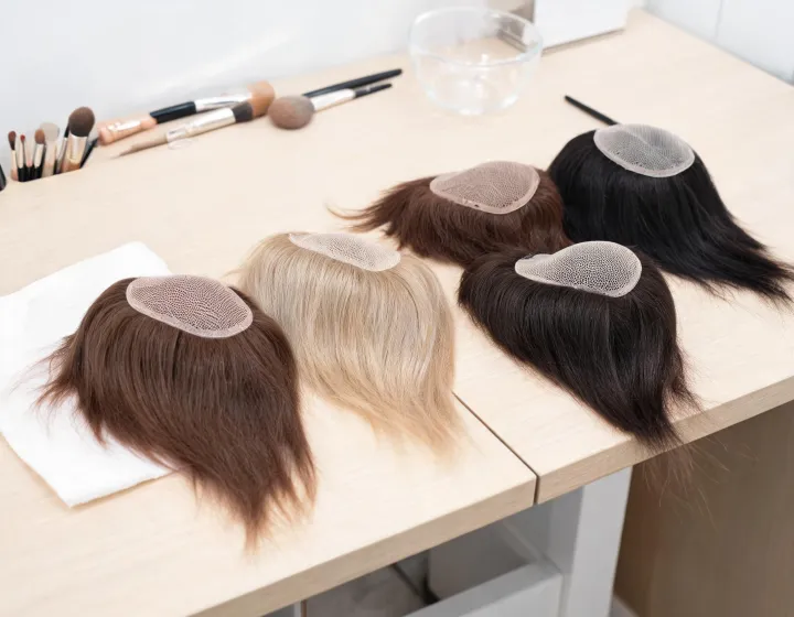 hair topper for thinning crown on a cosmetics bench, illustration only