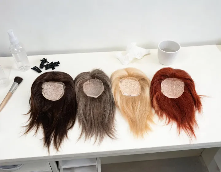 hair topper supplier on a cosmetics bench, illustration only